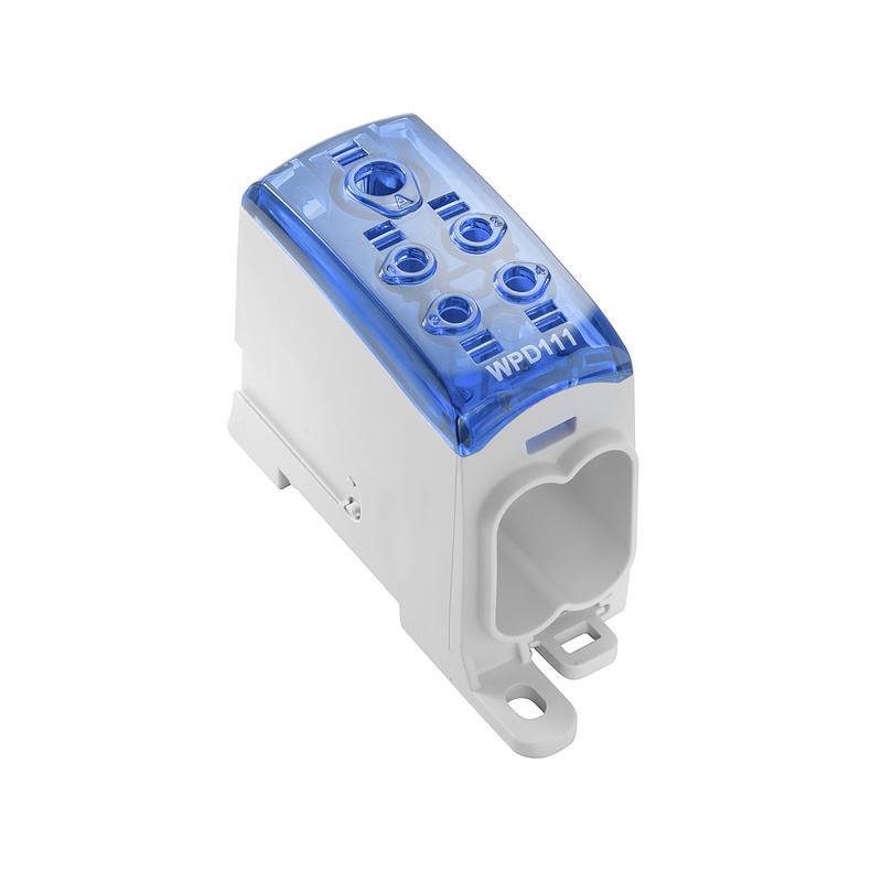 Weiße elektrische Verteilerklemme mit blauer Abdeckung, Modellnummer 'WPD 111', isoliert vor einem weißen Hintergrund.