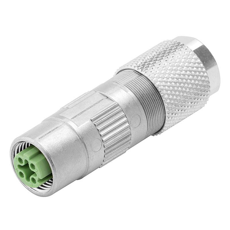 Metallischer Rundstecker mit geriffelter Oberfläche und grünem Inneren, häufig verwendet für industrielle und elektrische Verbindungen.