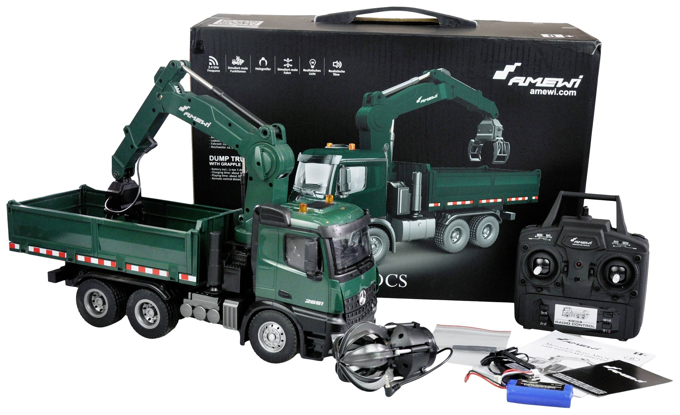 Amewi 22568 Arocs Kranwagen 1:14 Elektro RC Modell-LKW RtR inkl. Akku und Ladekabel, mit Geräuschefunktion, mit Lichteffekt