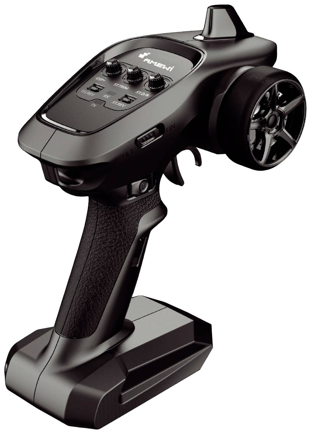 Ferngesteuerte RC-Auto-Fernbedienung mit Lenkrad, mehreren Knöpfen und einem Display. Ergonomisches Design für Einhandbedienung.