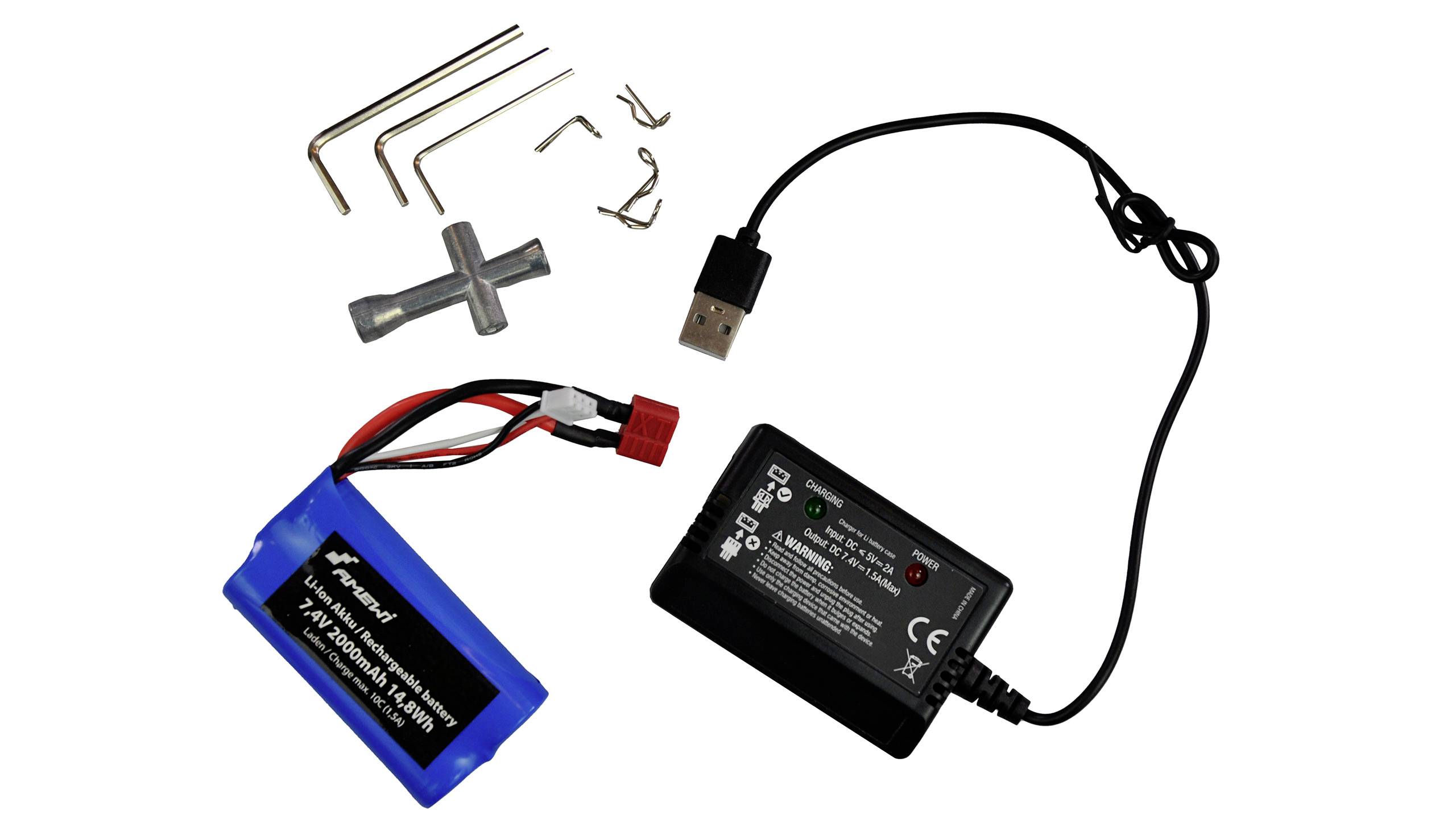 Werkzeugset mit Inbusschlüsseln, Schraubenschlüssel, Akku und USB-Ladegerät. Geeignet für Modellbau oder Reparaturen.