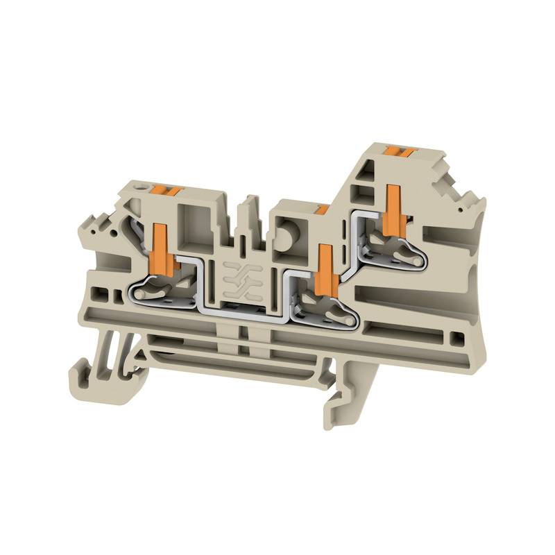 Ein beiger Reihenklemmblock mit orangenen Elementen, der zur sicheren Verbindung von elektrischen Leitungen in Schaltschränken verwendet wird.