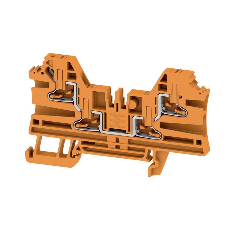 Eine orangefarbene Reihenklemme mit Hutschienenmontage, technische Details nicht sichtbar. Hauptsächlich für elektrische Verdrahtung genutzt.