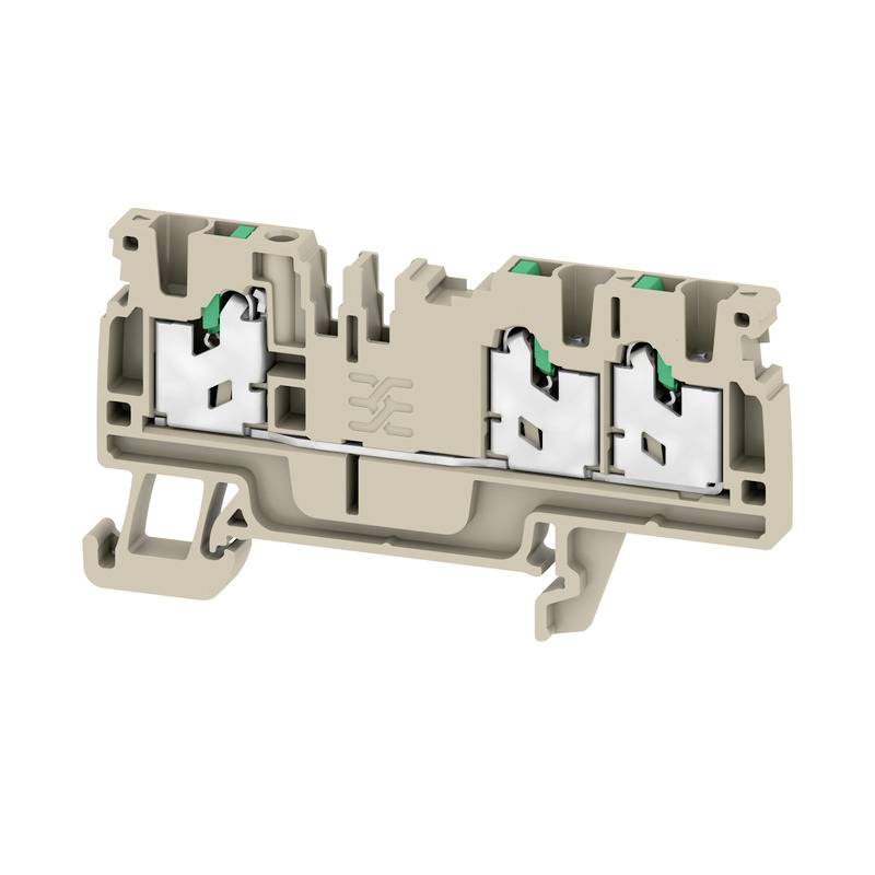 Ein zweistöckiger elektrischer Steckklemmenblock in hellbeige, geeignet für die Befestigung auf DIN-Schienen in Schalttafeln.