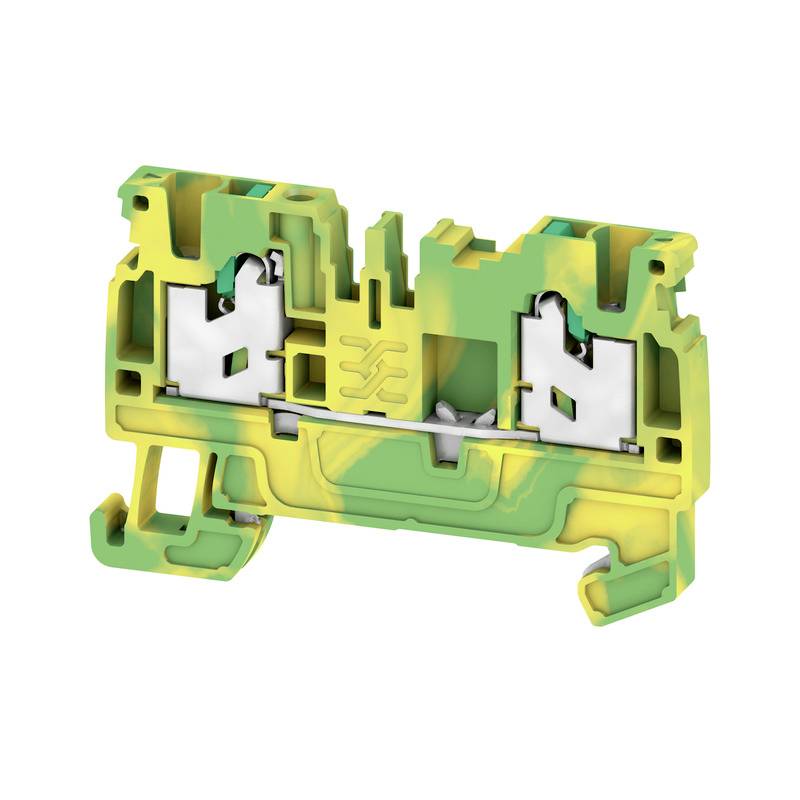 Ein grün-gelber Reihenklemmen von WAGO, geeignet für die sichere Verbindung elektrischer Kabel in Schaltschränken und Steuerungen.