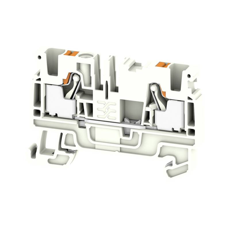 Eine weiße elektrische Klemme mit zwei Verbindungen und grauen und orangefarbenen Akzenten, verwendet in elektrischen Schaltanlagen.