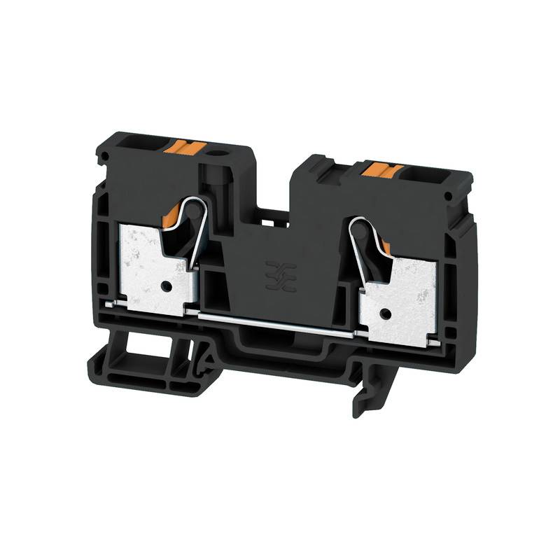 Ein schwarzer, rechteckiger elektrischer Klemmenblock mit orangen Akzenten und metallischen Kontakten, zur Verbindung von Leitungen.