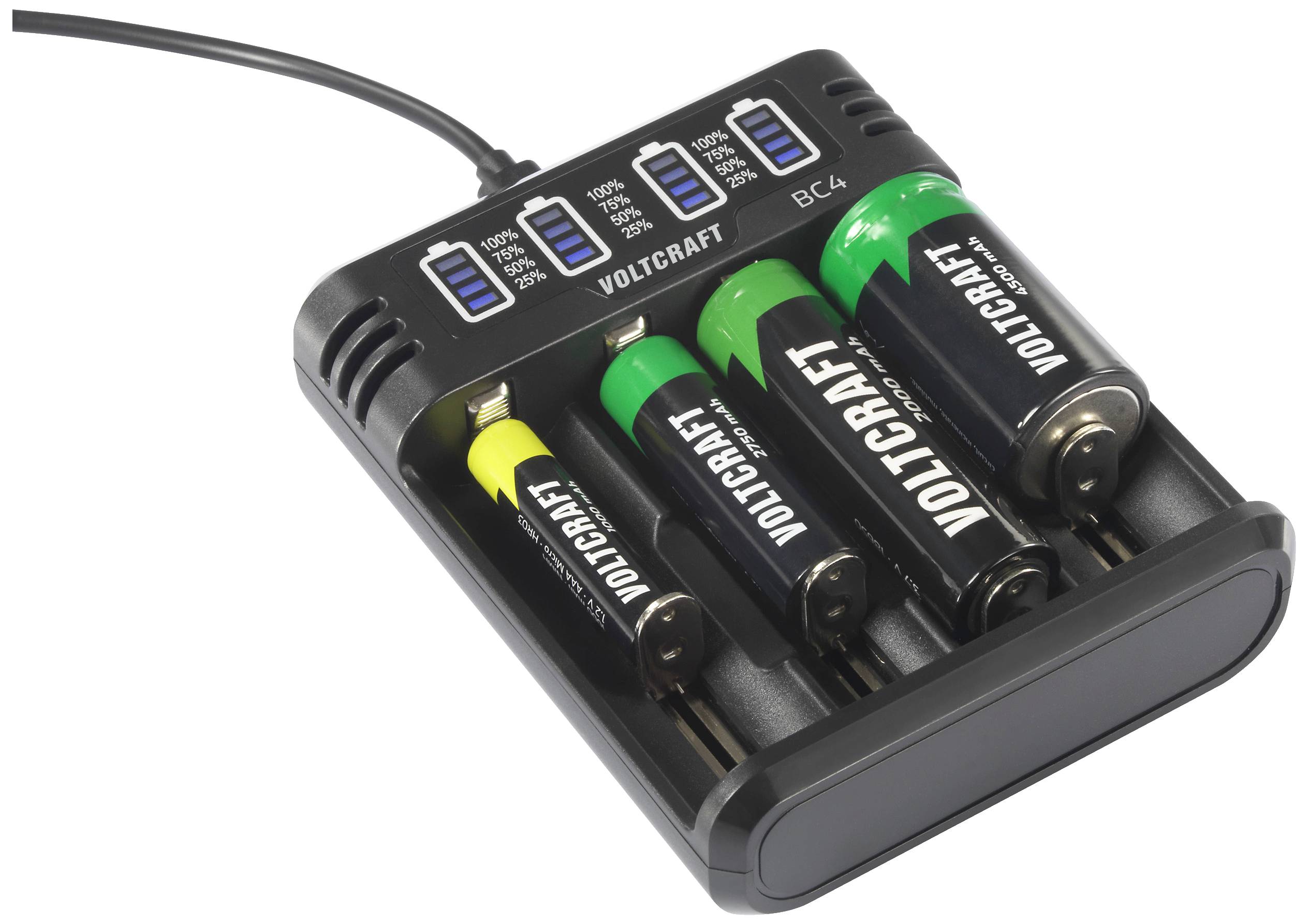 VOLTCRAFT BC4 Rundzellen-Ladegerät LiIon, NiMH Mignon (AA), Micro (AAA), Baby (C), Sub-C, 10440, 16340, CR-123A, 17335, 17500