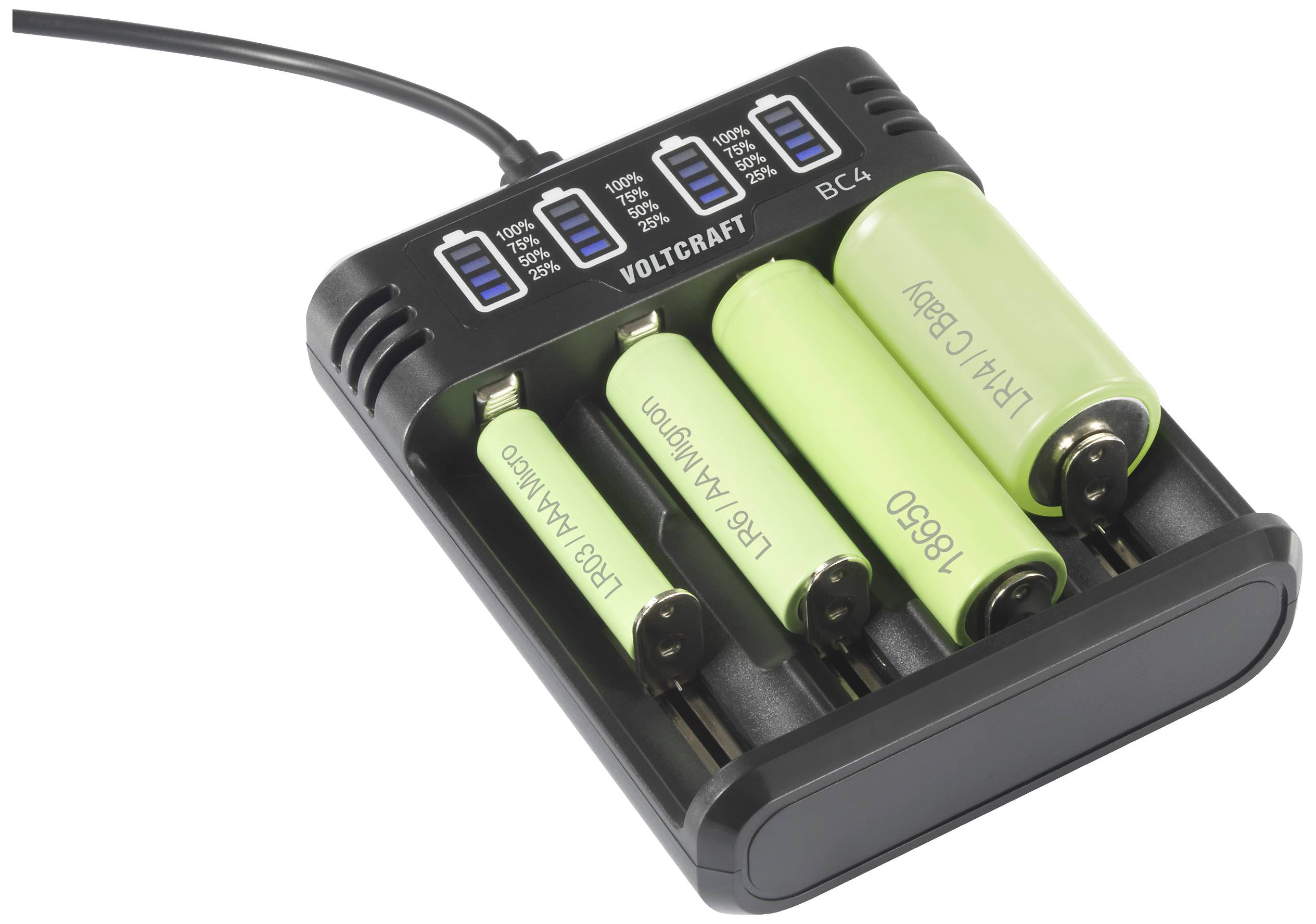 VOLTCRAFT BC4 Rundzellen-Ladegerät LiIon, NiMH Mignon (AA), Micro (AAA), Baby (C), Sub-C, 10440, 16340, CR-123A, 17335, 17500