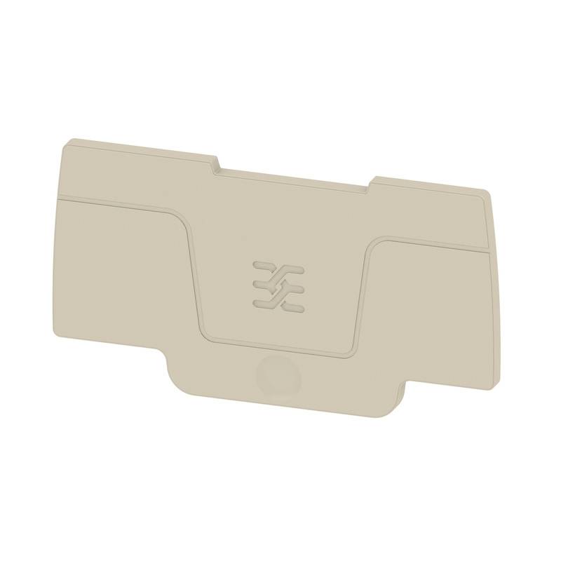 Eine beige Kunststoff-Endkappe mit einer zentralen Prägung. Sie passt auf ein rechteckiges Bauteil und dient als Schutz oder Abschluss.