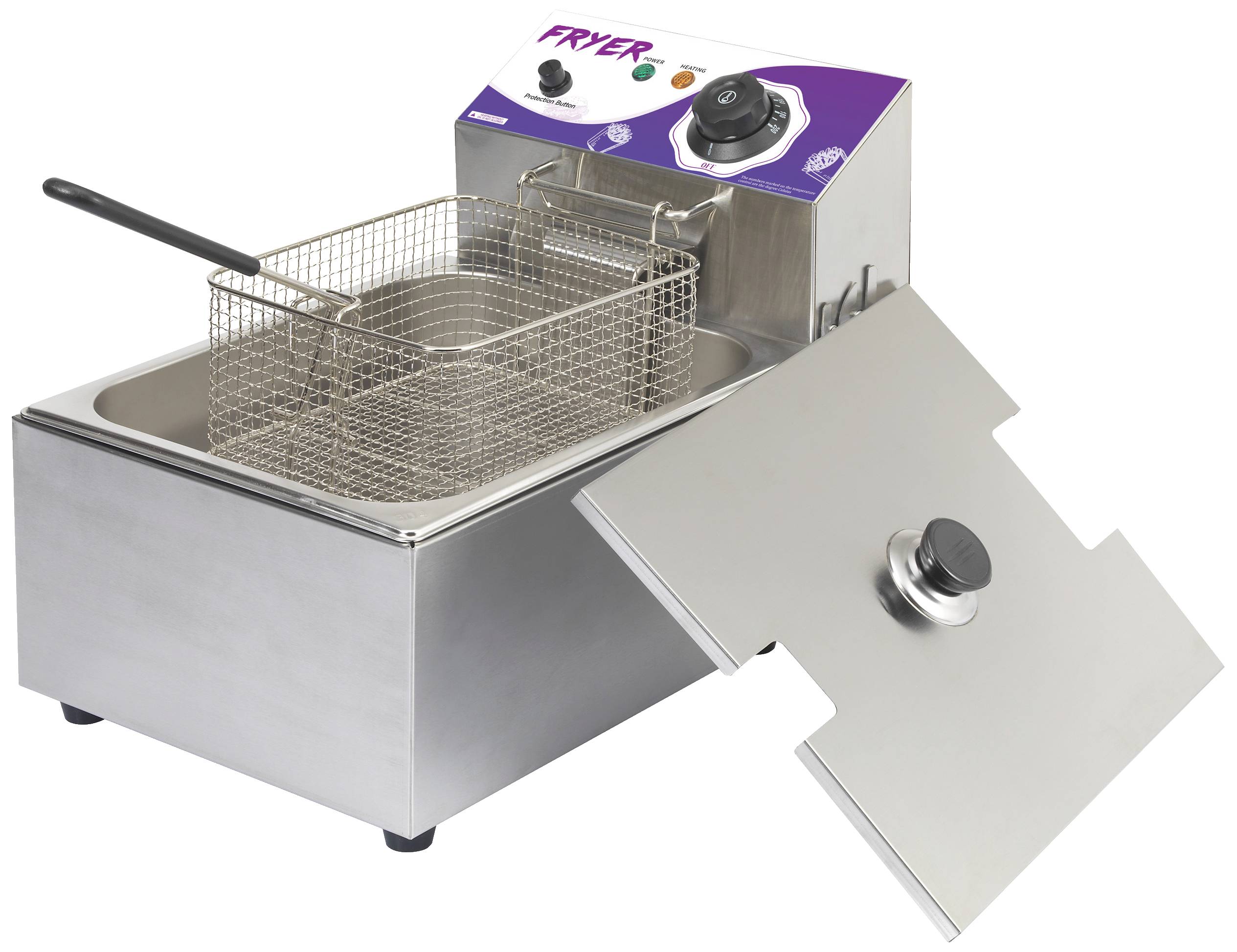 Fritteuse aus Edelstahl mit herausnehmbarem Frittierkorb und abnehmbarem Deckel, geeignet zur schnellen Zubereitung von frittierten Speisen.