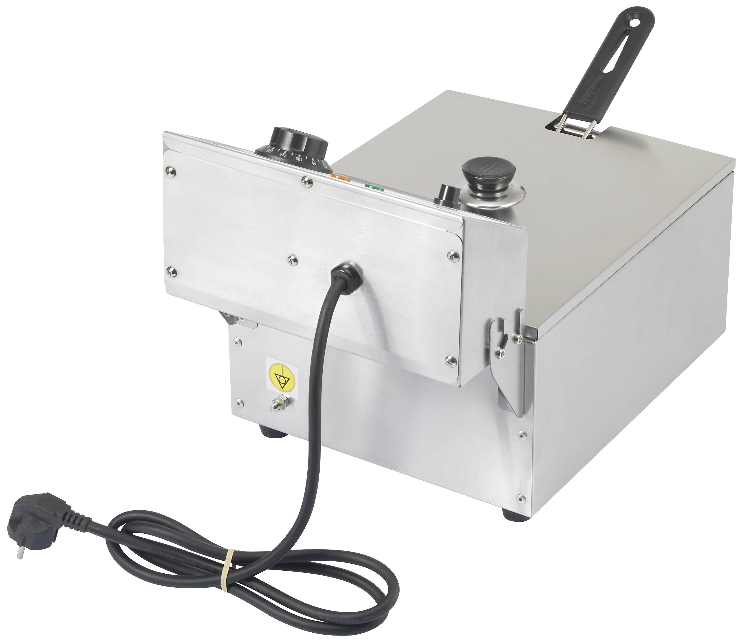 Silberne elektrische Fritteuse mit abnehmbarem Deckel und Temperaturregler. Netzkabel ist an der Rückseite angeschlossen.