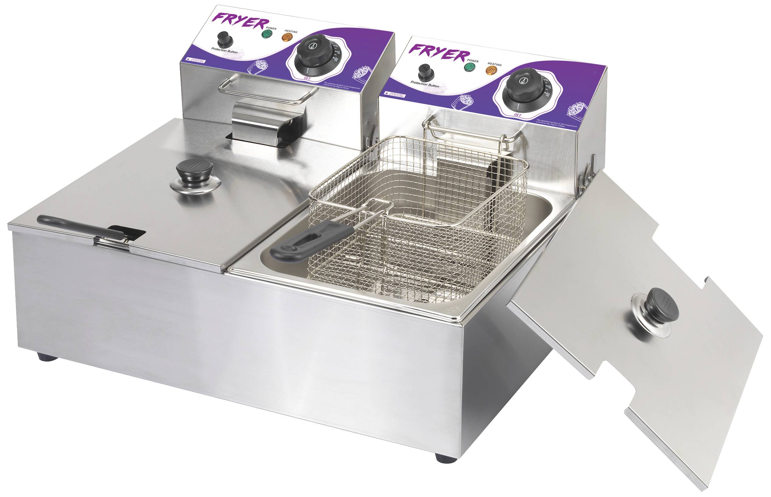 Doppelfritteuse aus Edelstahl mit zwei Körben und Bedienknöpfen. Ideal für die gleichzeitige Zubereitung verschiedener frittierter Speisen.