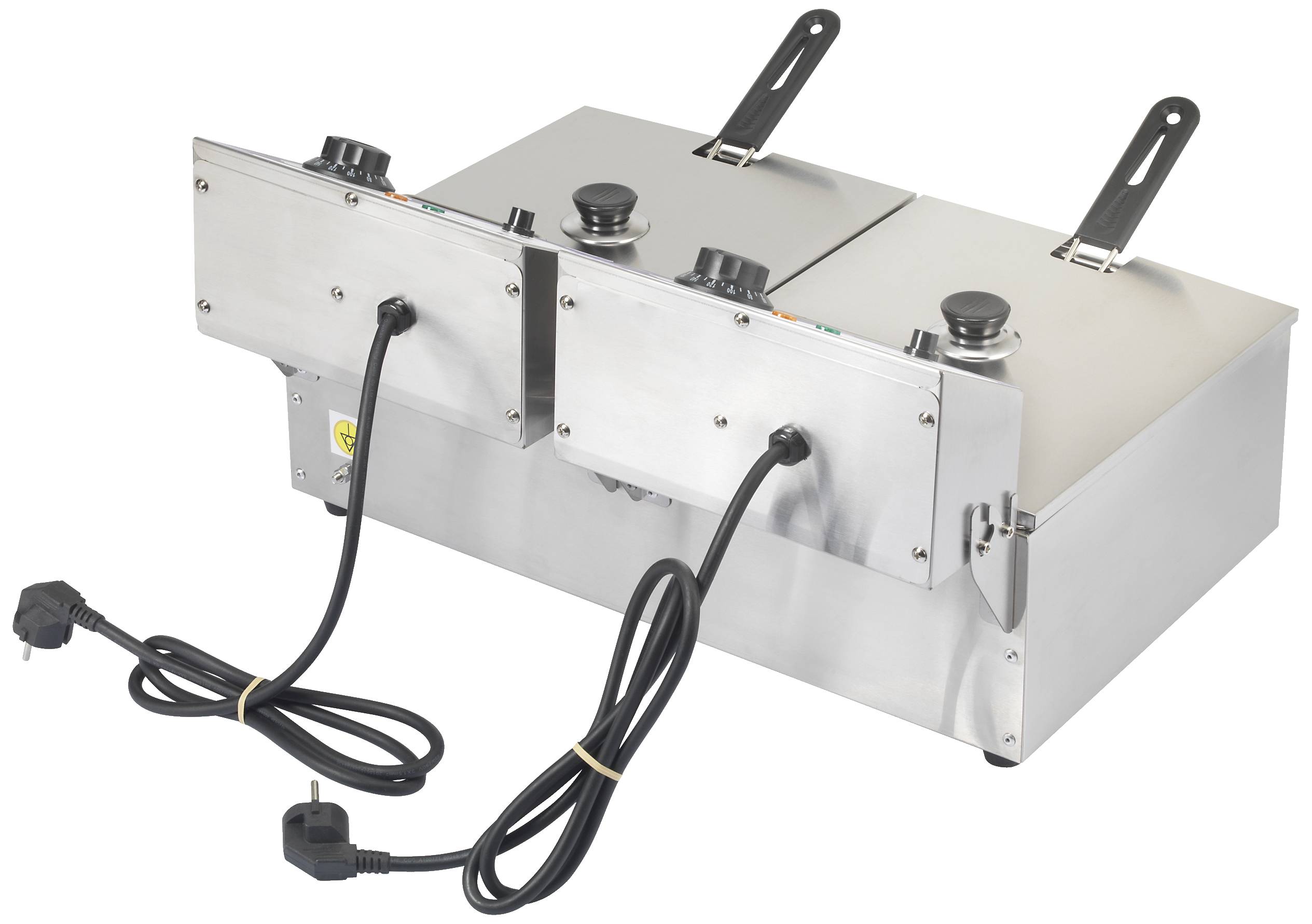 Zweifache Edelstahl-Fritteuse mit abnehmbaren Griffen und zwei Netzkabeln, geeignet für gastronomische Anwendungen.