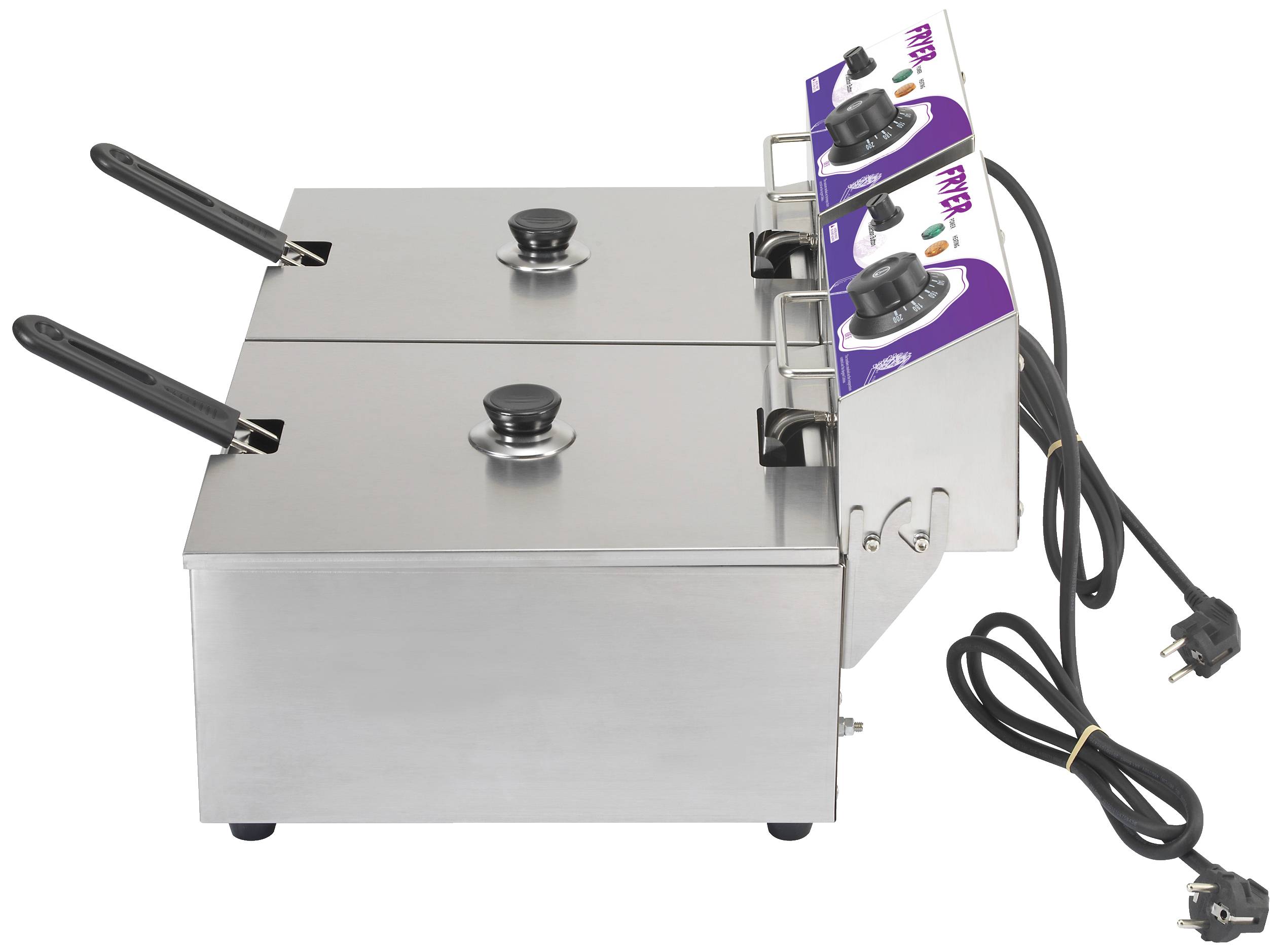 Zweifach-Fritteuse aus Edelstahl mit schwarzen Griffen und Kontrollknöpfen; Stromkabel sichtbar.