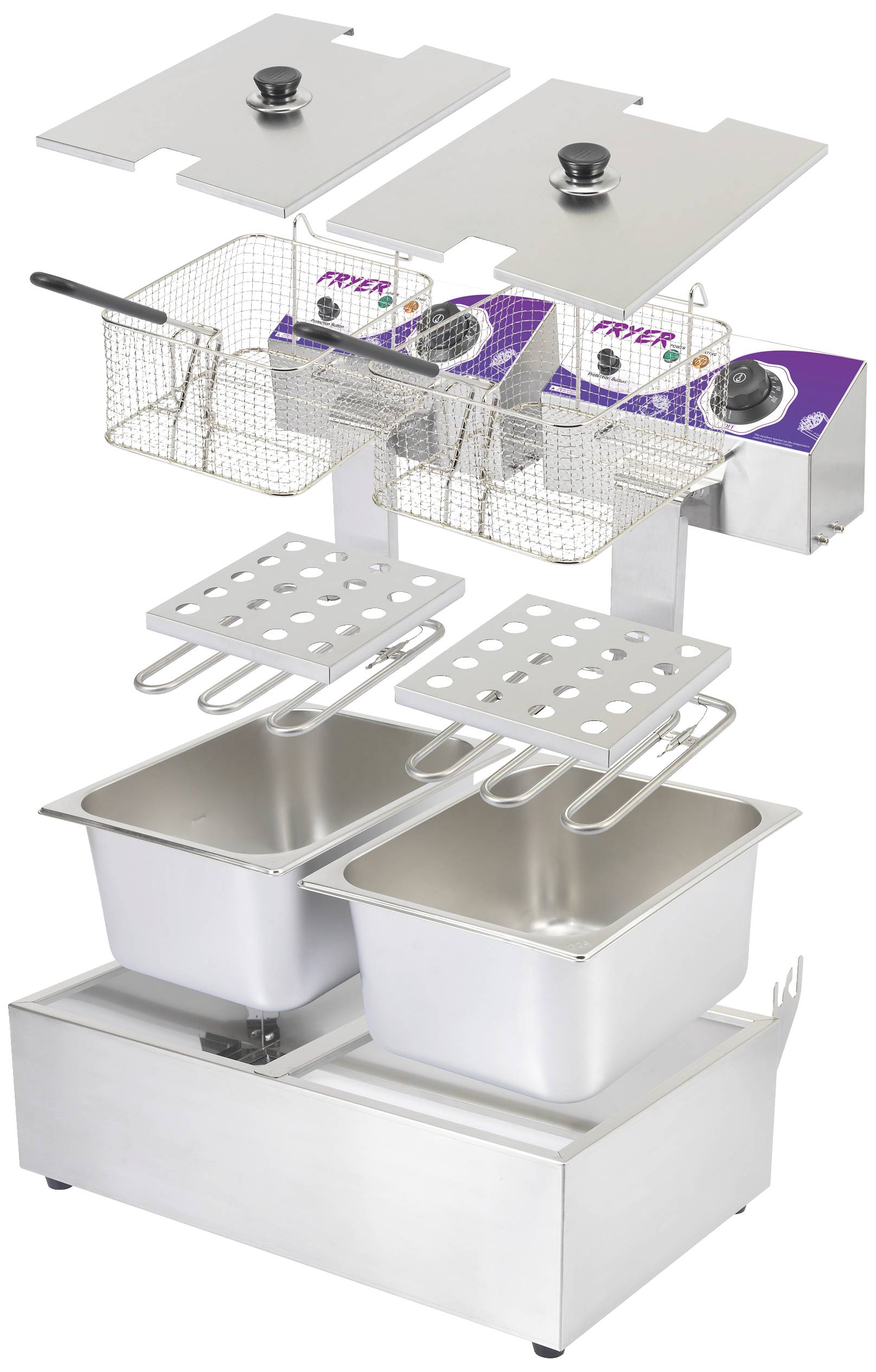 Fritteuse mit zwei Körben, zwei Heizbereichen und Kontrollknöpfen. Edelstahlgehäuse; ideal zum gleichzeitigen Frittieren verschiedener Speisen.