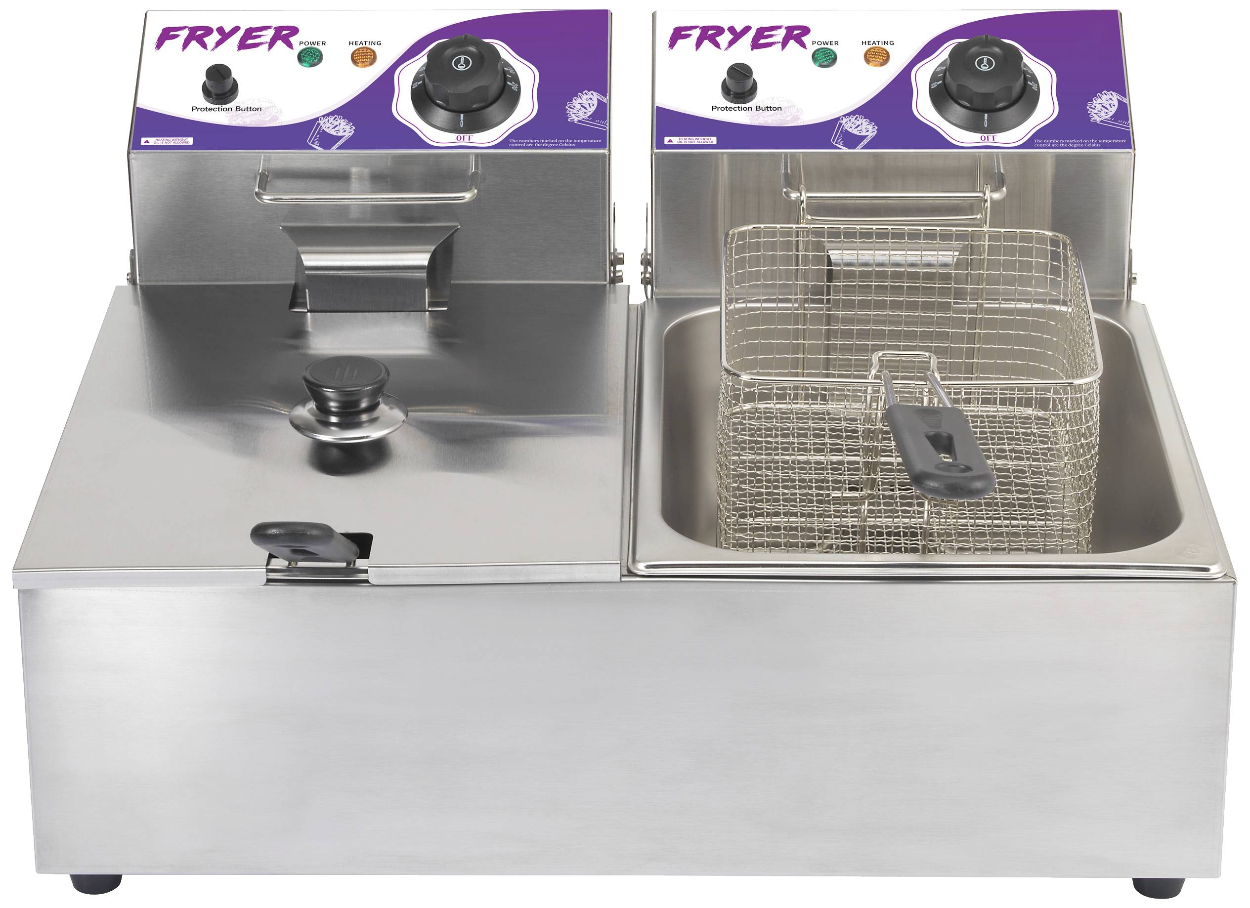Doppelte Edelstahl-Fritteuse mit zwei Körben und Temperaturreglern, ideal für die Zubereitung von frittierten Speisen.