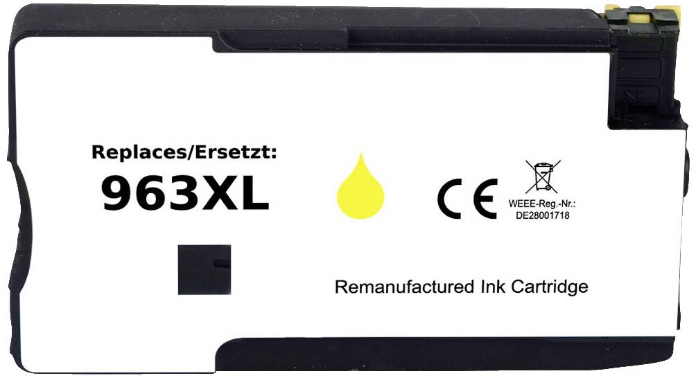 Tintenpatrone, ersetzt 963XL, mit gelbem Tropfensymbol, CE-Kennzeichnung, Hinweis auf wiederaufbereitete Patrone.