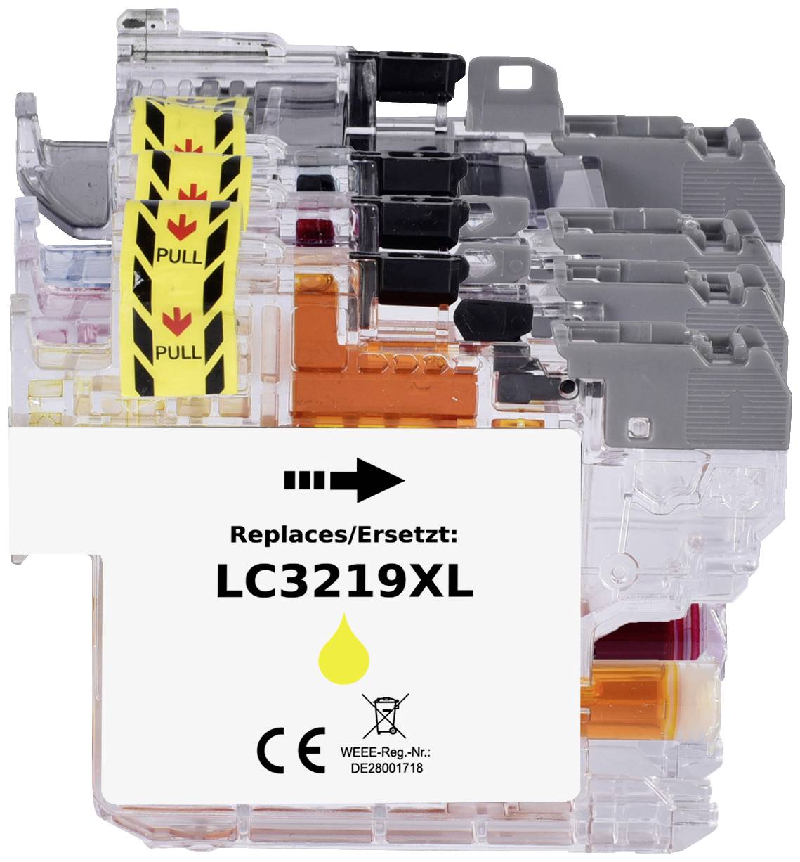 Patrone ersetzt/ersetzt: LC3219XL, mit CE-Zeichen, transparente Hülle, gelbes Symbol und rote PULL-Markierungen oben.