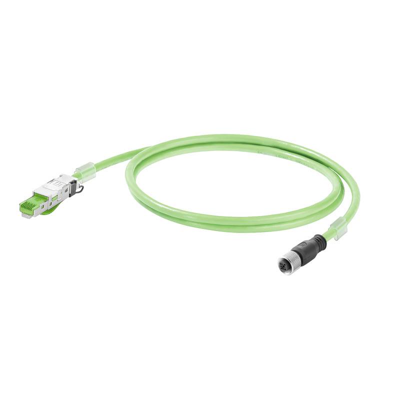Ein grünes Datenkabel mit einem RJ45-Stecker auf einer Seite und einem runden Steckverbinder auf der anderen Seite.