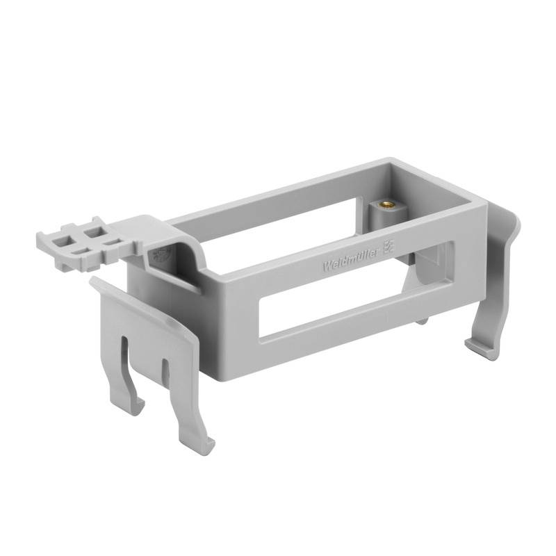 Grauer Halter aus Kunststoff, rechteckig, mit Befestigungsclips. Zur Montage auf einer Schiene; häufig verwendet in elektrischen Systemen.