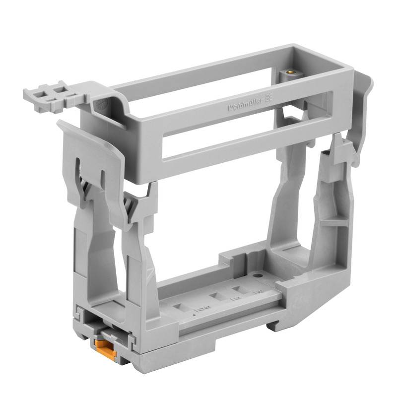 Ein grauer Kunststoffrahmenhalter, geeignet für DIN-Schienenmontage, mit Verriegelungsmechanismus und beschriftetem Markenlogo oben.