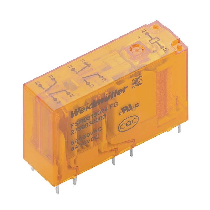 Transparente orange Relais mit sechs Anschlüssen, auf der Oberseite mit der Aufschrift 'Weidmüller'. Elektrische Spezifikationen angegeben.