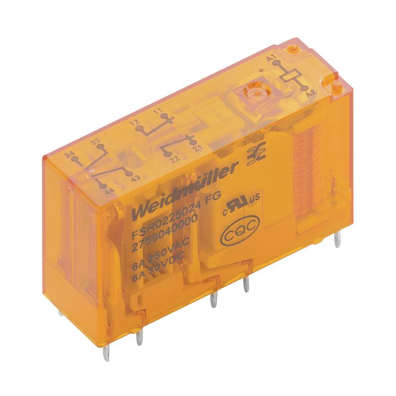 Ein rechteckiges, orangene elektronisches Relais mit der Aufschrift 'Weidmüller'. Es hat mehrere Metallstifte zum Einbau.