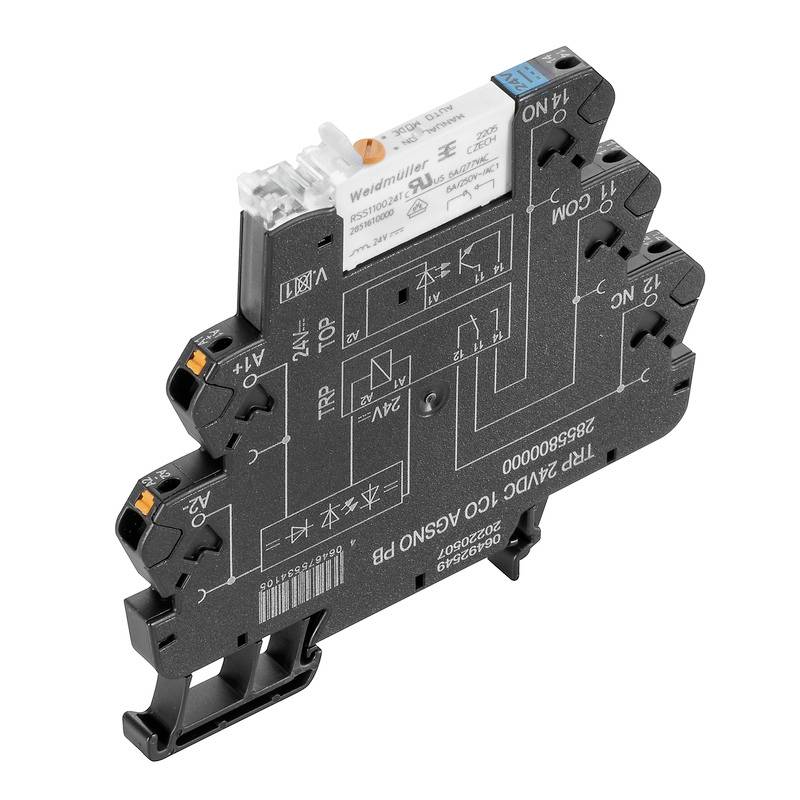 Ein schmaler elektronischer Baustein für Schaltschrankmontage, mit Beschriftungen für Schaltfunktionen und Anschlussklemmen.
