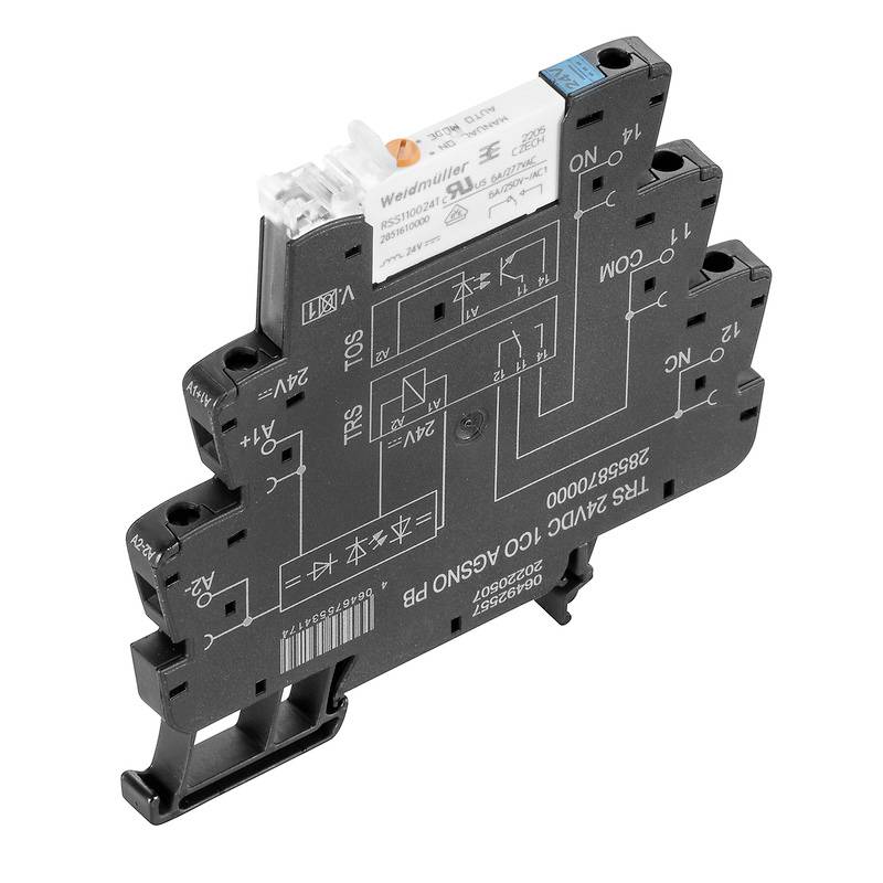 Ein elektrisches Relaismodul von Weidmüller mit den Aufschriften und Anschlüssen für Schaltfunktionen. Hauptschalterkomponente.