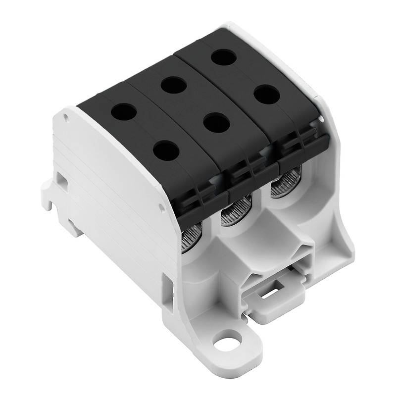 Elektrischer Klemmenblock mit drei schwarzen Anschlüssen, geeignet für die Verbindung mehrerer Kabel in elektrischen Systemen.