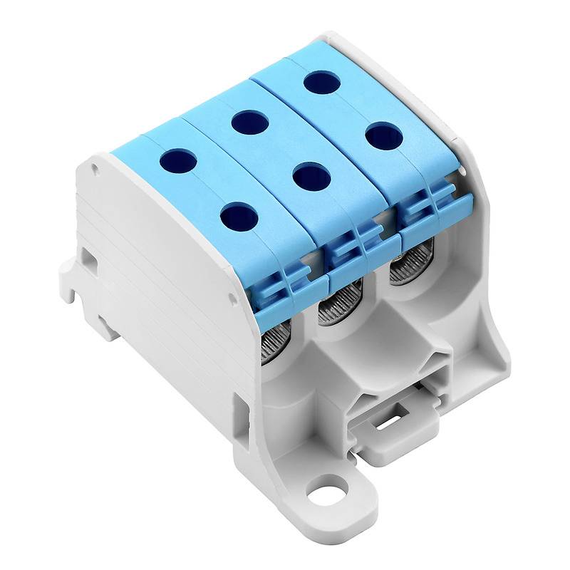 Dreipoliger elektrischer Steckverbinder in Blau und Weiß, für Kabelanschlüsse geeignet, mit Schraubbefestigung und Kabelklemmen.