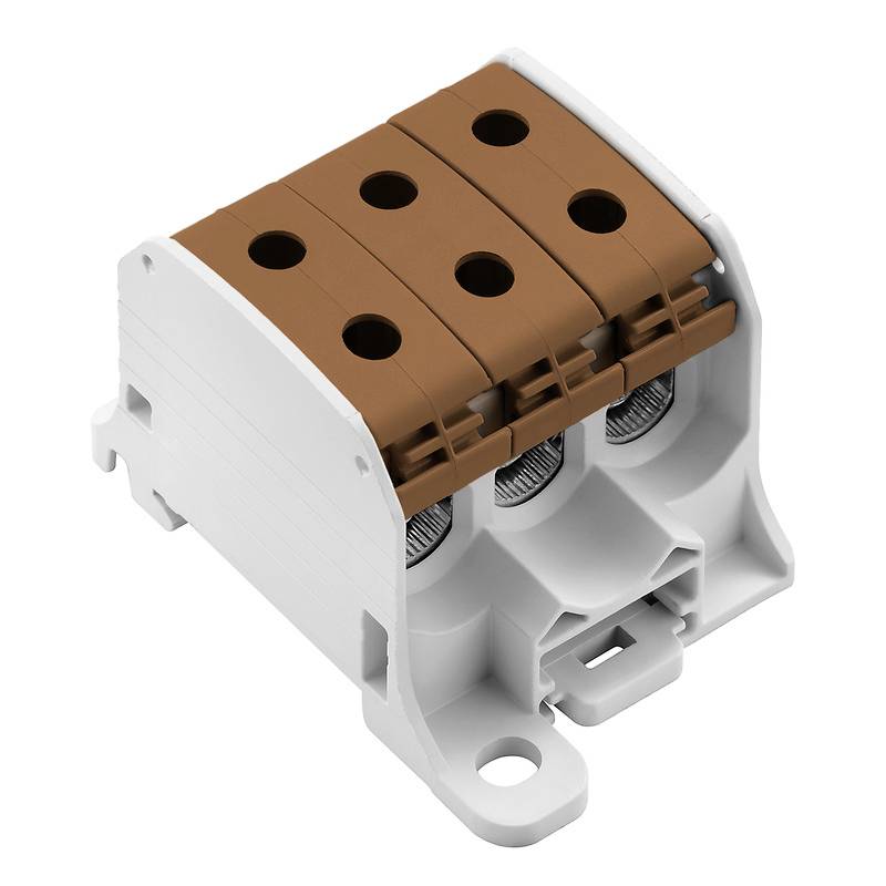 Brauner elektrischer Steckverbinder mit drei Anschlüssen, seitliche Ansicht. Geeignet für den Einsatz in Elektroinstallationen.