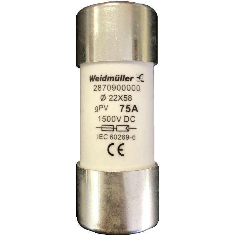 Weidmüller 75A-Sicherung, Modell 2870900000, Ø 22x58, 1500V DC, CE-Zertifizierung, IEC 60269-6. Weiße zylindrische Form mit Metallenden.