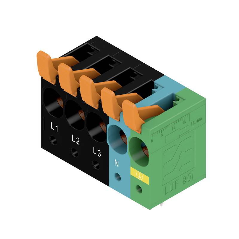 Ein grüner und schwarzer elektrischer Steckverbinder mit fünf Buchsen, gekennzeichnet mit 'L1', 'L2', 'L3', 'N', und einem Erdungssymbol.
