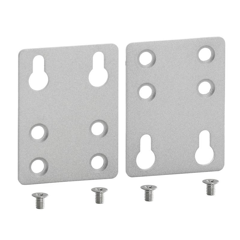 Zwei silberne Montageplatten mit jeweils vier Bohrungen, daneben vier passende Schrauben. Geeignet für Möbel- oder Regalbefestigung.