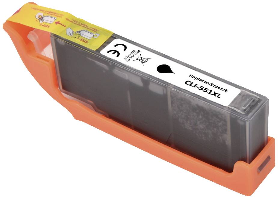 Eine schwarze Druckerpatrone mit der Aufschrift 'CLI-551XL'. Sie befindet sich in einem orangefarbenen Halter mit einem gelben Etikett.