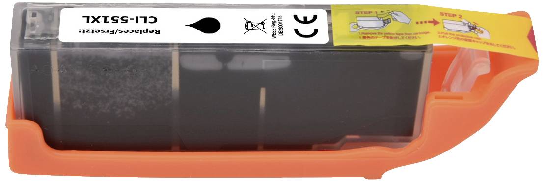 Eine schwarze Druckerpatrone mit der Bezeichnung 'CLI-551XL' ist in einem orangefarbenen Halter eingesetzt. Oben befindet sich ein gelber Aufkleber mit Anweisungen.