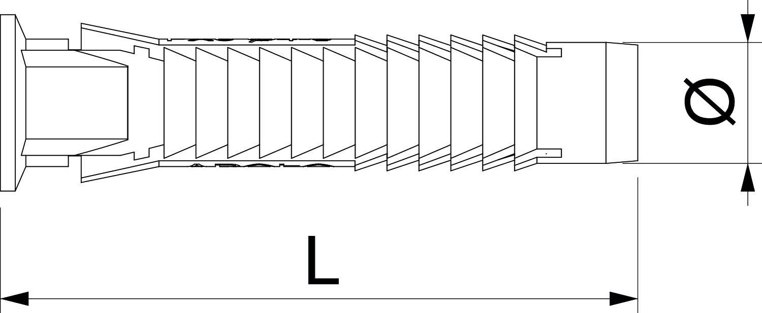 Zeichnung einer Schraube mit den Maßen Länge (L) und Durchmesser (⌀) gekennzeichnet. Schraubengewinde und Kopf sind deutlich sichtbar.