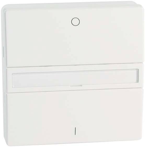 Ein weißer elektrischer Schalter mit rechteckiger Form, mittlerem Druckknopf und unterem transparentem Fenster. Geeignet für Innenanwendungen.