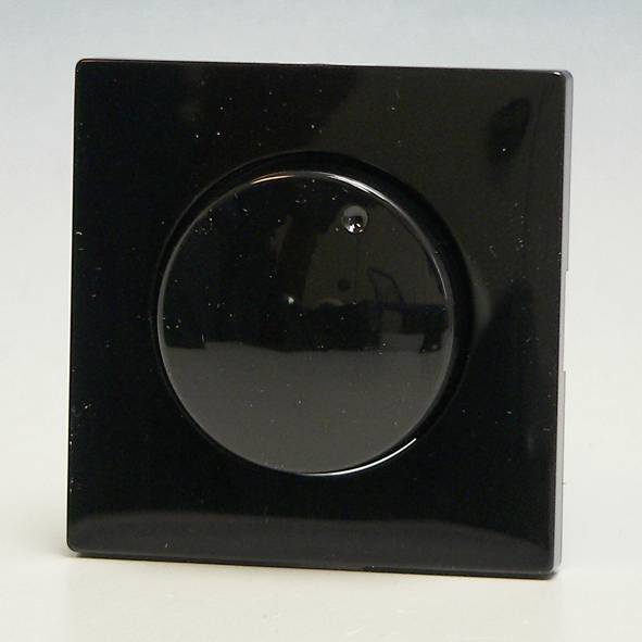 Ein schwarzer Lichtschalter mit rundem Drehknopf auf hellem Hintergrund.