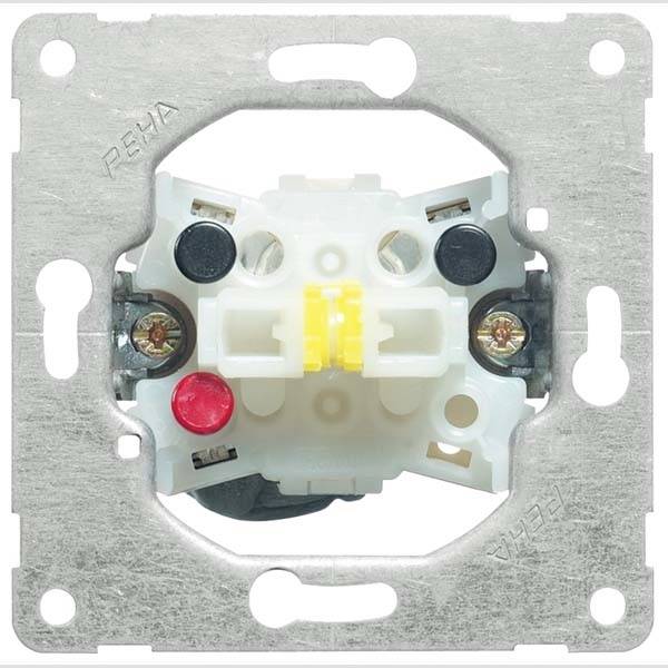 Ein elektrischer Lichtschalter ohne Abdeckung, montiert auf einer Metallplatte. Sichtbare Schrauben und Anschlüsse.