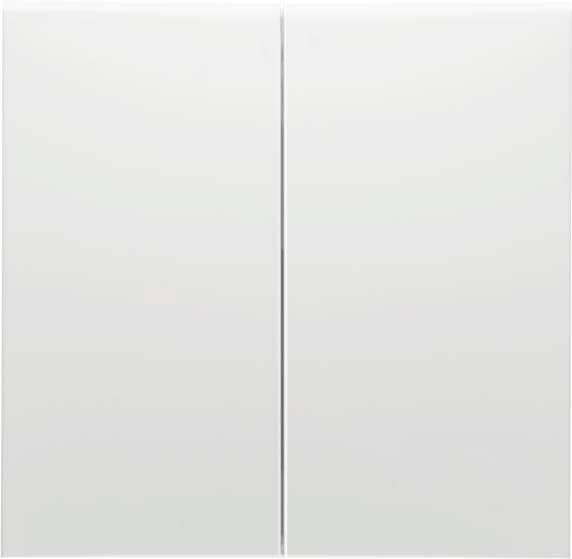 Zwei weiße, nebeneinander stehende, rechteckige Platten mit einem schmalen vertikalen Spalt in der Mitte, minimalistisches Design.