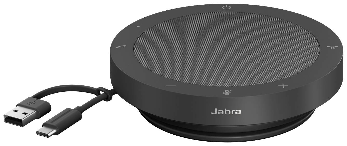 Schwarzer Jabra Lautsprecher mit USB- und USB-C-Kabeln. Geeignet für Telefonkonferenzen und Multimedia-Anwendungen.