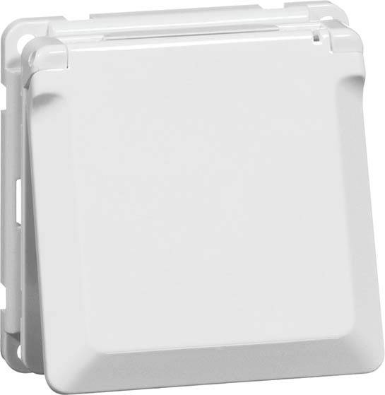 Quadratische, weiße Kunststoffabdeckung, wahrscheinlich für eine Steckdose, mit glatten Kanten und schmaler Befestigungsbasis.