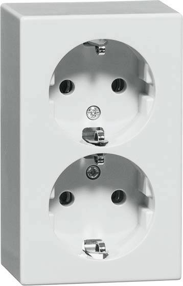 Doppelte Steckdose, senkrecht ausgerichtet, in weißem Gehäuse, geeignet für europäische Stecker, ohne Abdeckung.