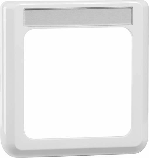 Ein weißer quadratischer Lichtschalterrahmen mit einem silbernen Einsatz oben.