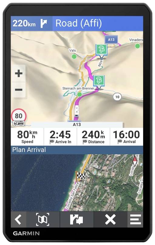 Navigationsgerät zeigt Route an: 220 km bis Ziel, geplante Ankunft um 16:00 Uhr. Geschwindigkeit: 80 km/h, Reststrecke: 240 km.