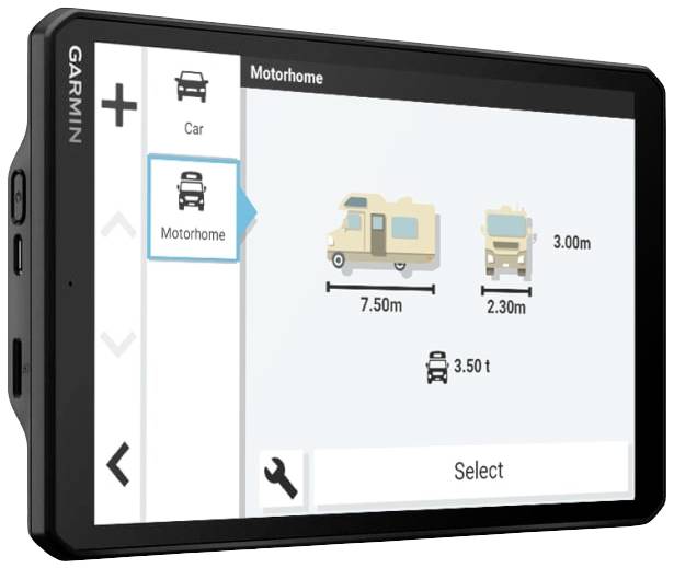 Das Bild zeigt ein GPS-Navigationssystem mit einem Menü zur Auswahl von Fahrzeugtypen. Ausgewählt ist 'Wohnmobil', mit Maßen 7,50 m Länge, 2,30 m Breite und 3,00 m Höhe.
