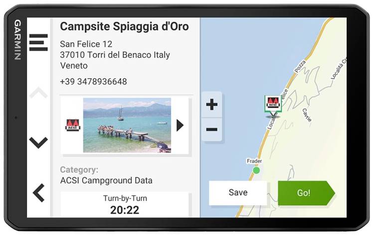 Garmin-Navigationsgerät zeigt 'Campsite Spiaggia d'Oro' in Italien, mit Adresse, Telefonnummer, Bild des Campingplatzes und Navigationsoptionen.